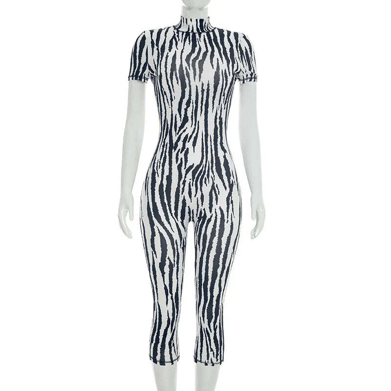 FAGADOER Fashion Zebra Pattern Bodycon Rompers Summer Sexy High Neck Back Hollow Out Jumpsuits Streetwear Party Club Playsuits