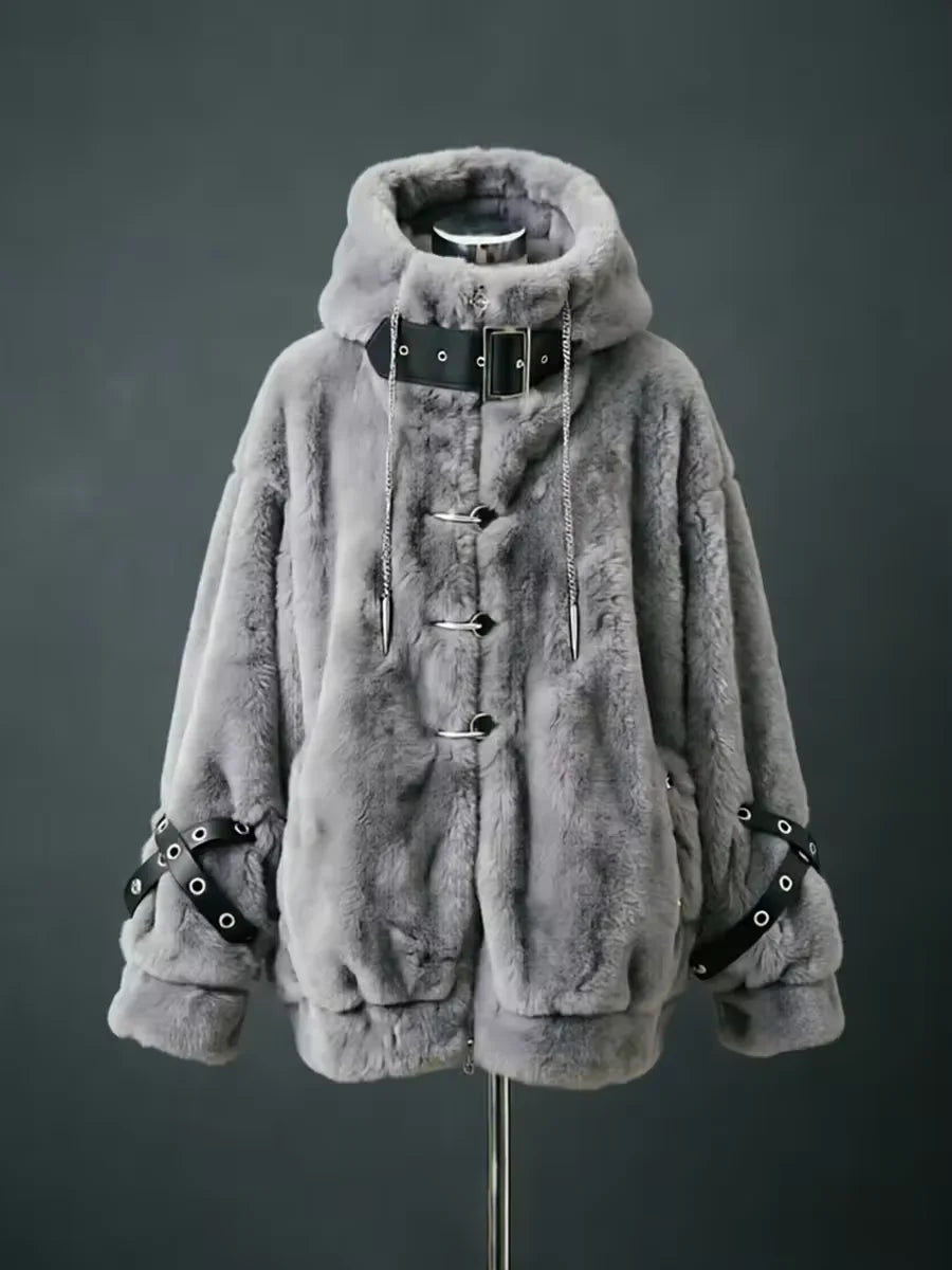 Lautaro Autumn Winter Thick Warm Faux Fur Coat Women with Hood Zipper Luxury Japanese Style Punk Harajuku Fluffy Jacket 2026
