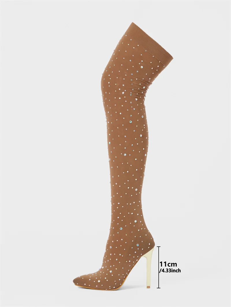 Liyke Sexy Pointed Toe Crystal Rhinestone Stretch Fabric Thigh High Boots Women Thin Heels Over The Knee Socks Shoes Size 35-43