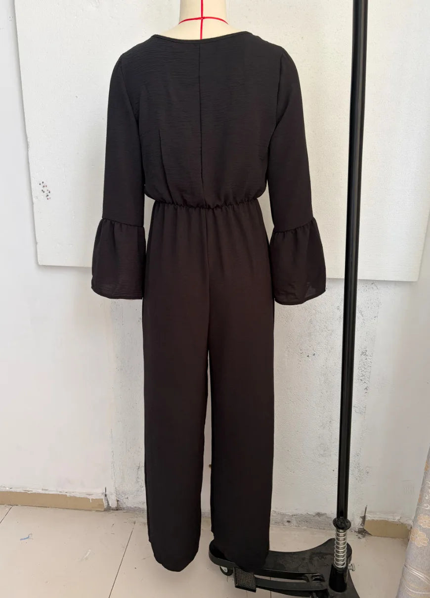 Women Sexy Deep V Neck Flare Sleeve Jumpsuits Spring Autumn Solid Crinkle High Waist Loose Casual Holiday Wide Leg Pants Romper