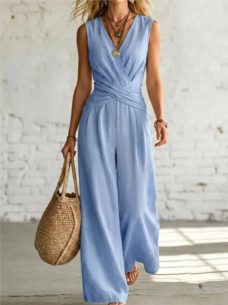 Fashion Light Blue Wide Leg Pants Jumpsuit Women's V-neck Sleeveless Cross Wrap Waist Design Rompers Summer Casual Jumpsuits