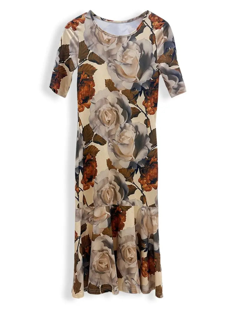 Women's Slim Fit round Neck Print Dress Hip Hugging Commuter Dress Slimming Temperament Fashion for Ladies