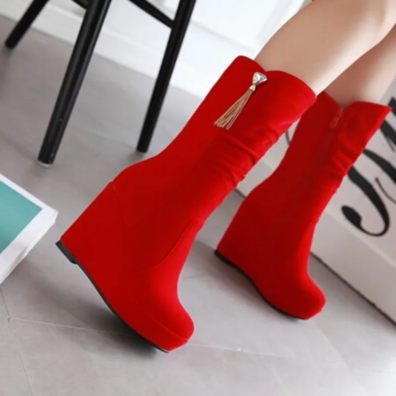 2026 Fashion Women Mid Calf Boots Round Toe Wedges 11cm Platform 3cm Decoration 42 43 Sexy Female Bota