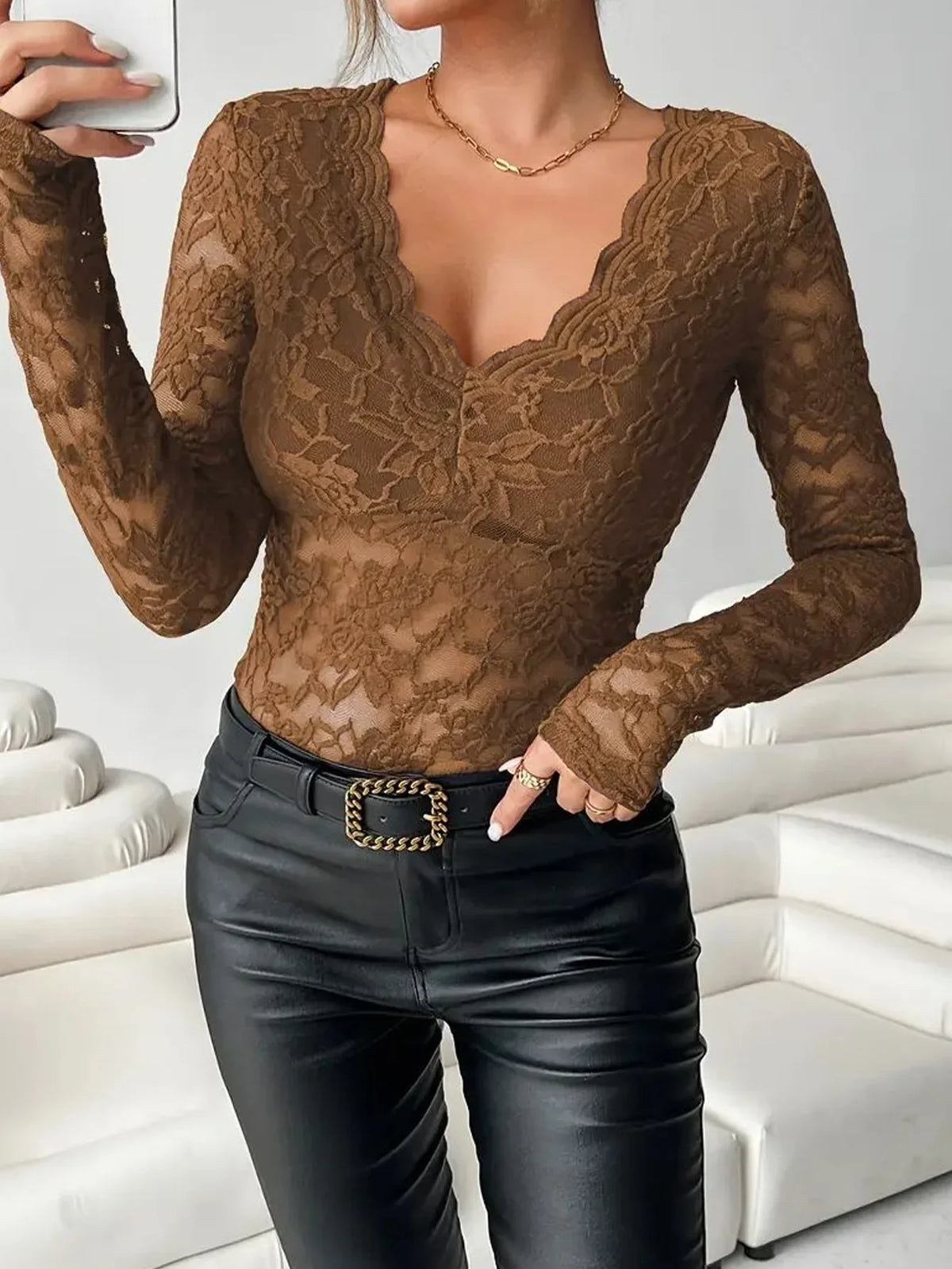 Women Lace V Neck Long Sleeve Sheer Mesh Floral Lace Top Slim Fit See Through Bodycon Jumpsuit for Party Clubwear Daily Wear