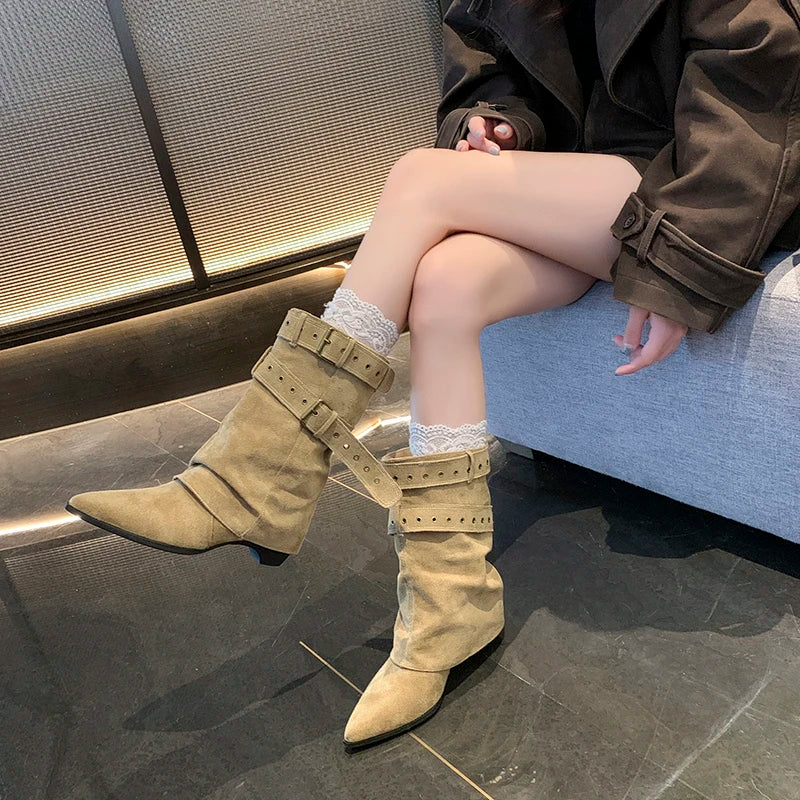 2025 Pointed Toe Women's Winter Boots Designer Mid Heels Elegant Shoes Pumps Fashion Boots New Trend Dress Gothic Ladies Boots