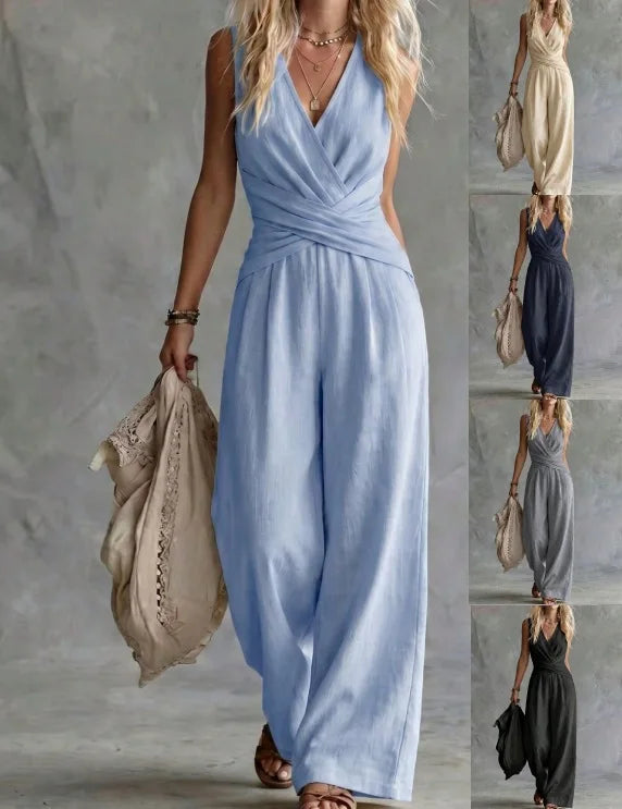 Fashion Light Blue Wide Leg Pants Jumpsuit Women's V-neck Sleeveless Cross Wrap Waist Design Rompers Summer Casual Jumpsuits