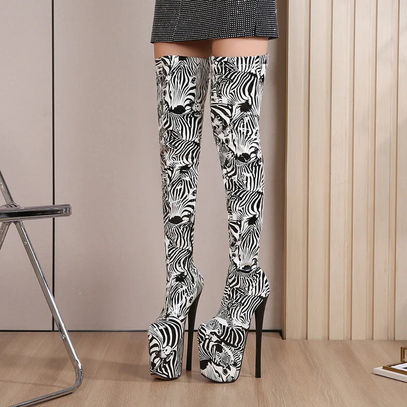 Spring Summer Patent Leather 19cm Super High Heels Platform Over The Knee Boots Women Large Size Zebra Patten Long Thigh Boots
