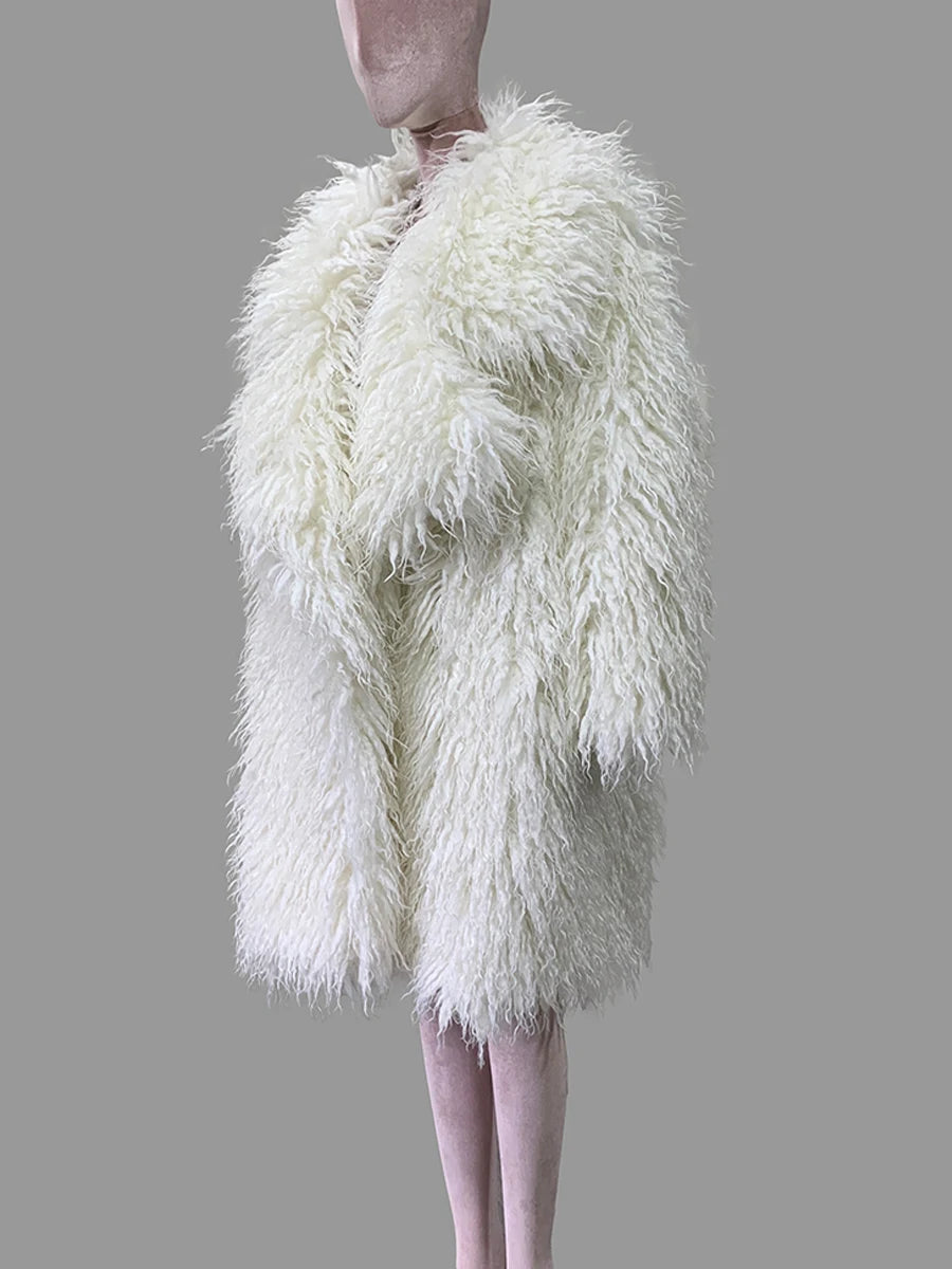Lautaro Autumn Winter Long Oversized White Thick Warm Hairy Shaggy Fuzzy Faux Mongolian Fur Coat Women Pink Fluffy Overcoat