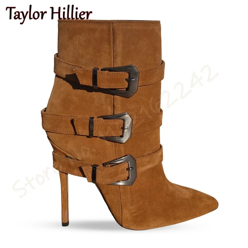 Rose Red Suede Belt Buckle Short Boots Pointed Toe Stiletto Side Zipper Modern Boots Fashion Party Catwalk Luxury Short Boots 46