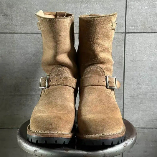 Men's Khaki Cow Suede Work Boots Mid-Calf Engineer Boots Faded Metal Buckle Strap Motorcycle Knight Boots Sewing