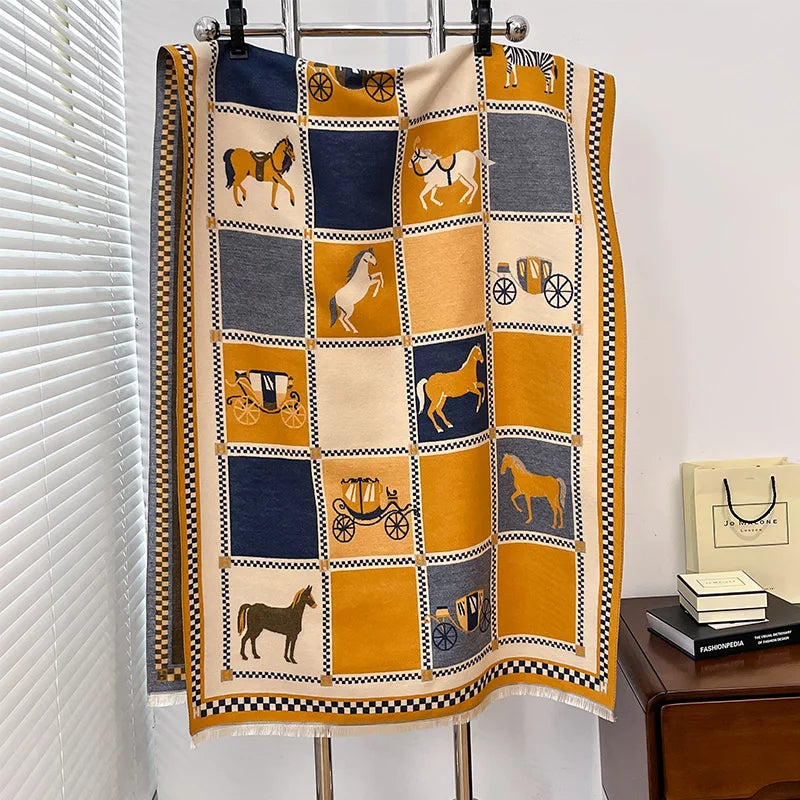 Luxury Warm Poncho Cashmere Winter Women Scarf Horse Print Shawl Wraps Female Thick Pashmina Blanket Bufanda Travel Echarpe 2024