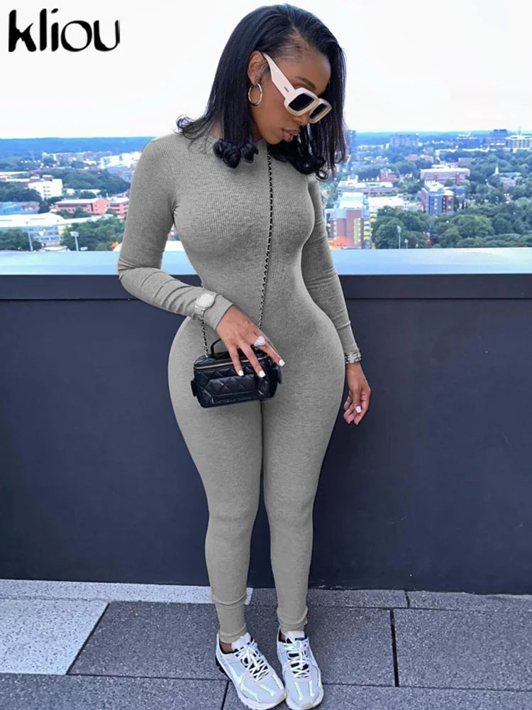kliou Casual Basic Jumpsuits Women Concise Autumn Full Sleeve O-neck Body-shaping Overall Solid Sporty Daily Lady Classic Cloth