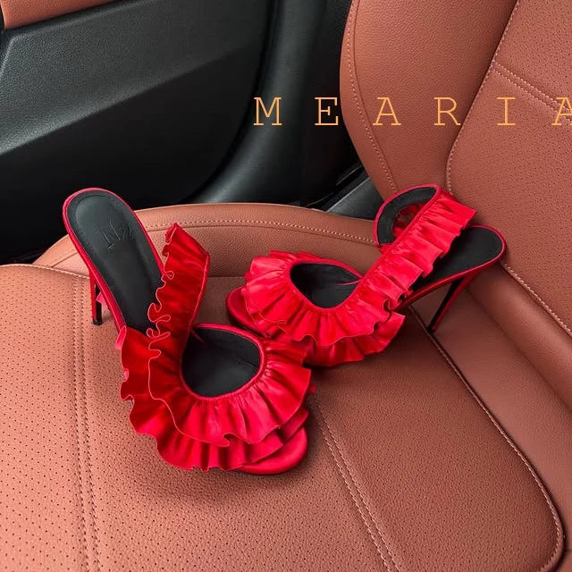 Solid Satin Ruffles Stiletto Sandals Women Elegant Back Strap Sweet Party Flower Shoes Ladies Open Toe Leopard Evening Sandals