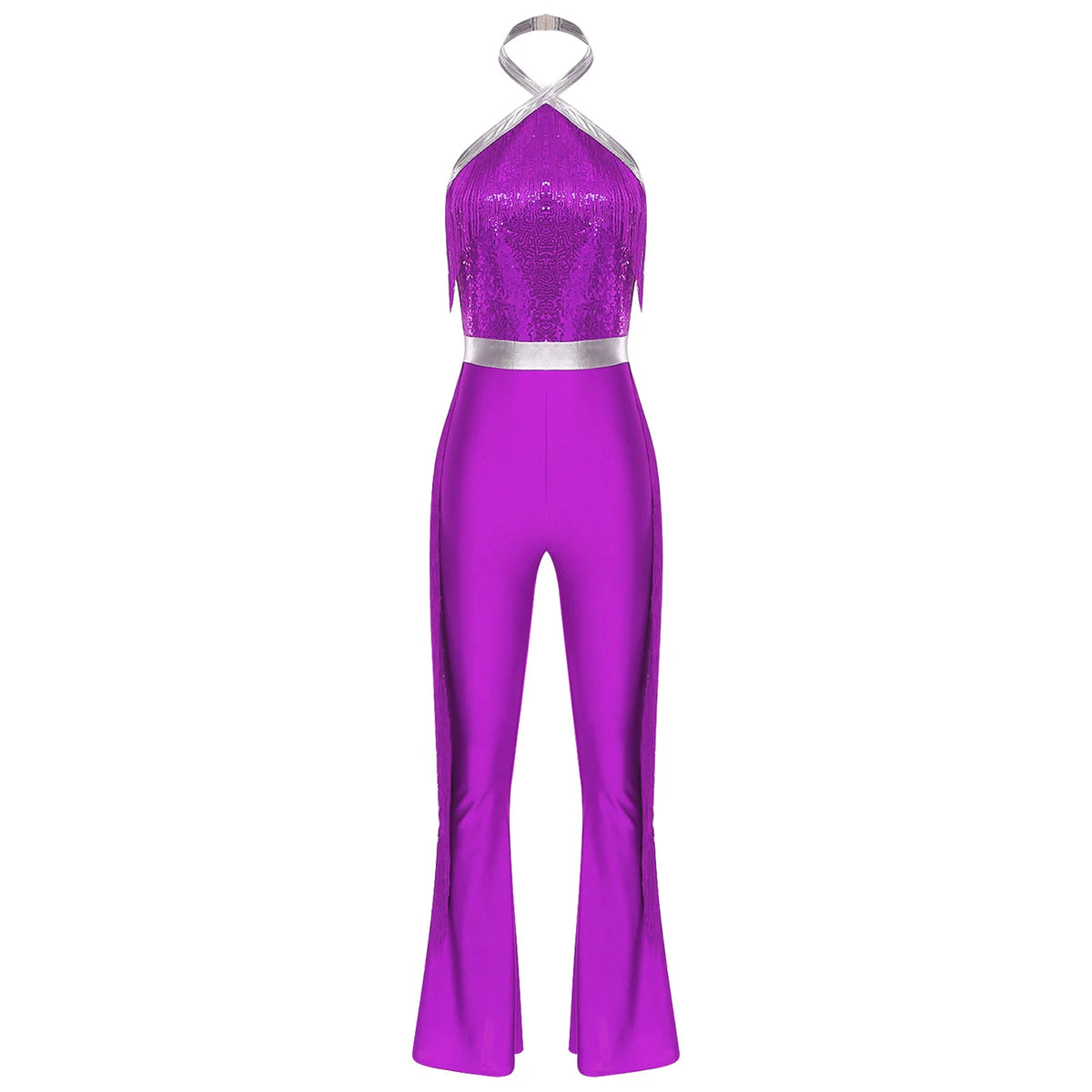 70s 80s Disco Costume Women's Streetwear Jumpsuit Shiny Clubwear Flared Long Pants Rompers Flares Metallic Hippie Party Outfit
