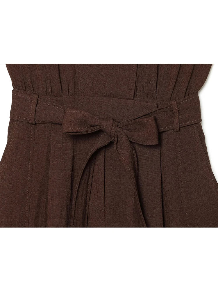 Women Long Jumpsuits 2026 Sleeveless Playsuits Elegant Solid Color Rompers Casual Stand Collar Belt Fashion Commuting Outfit