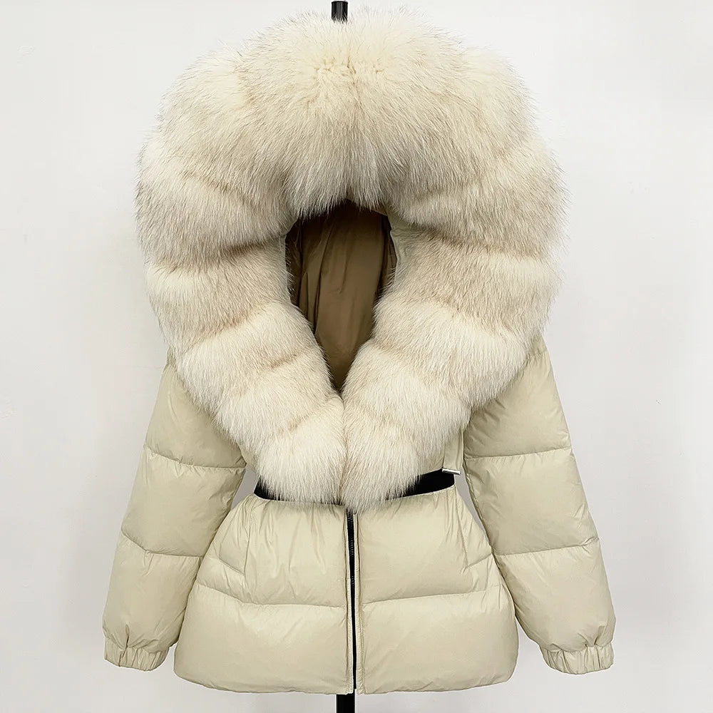 Hot Sale Women Luxury Black Down Jacket Waist‑Cinched Design High‑End Elegant Real Big Fox Fur Hooded Collar Winter Outerwear