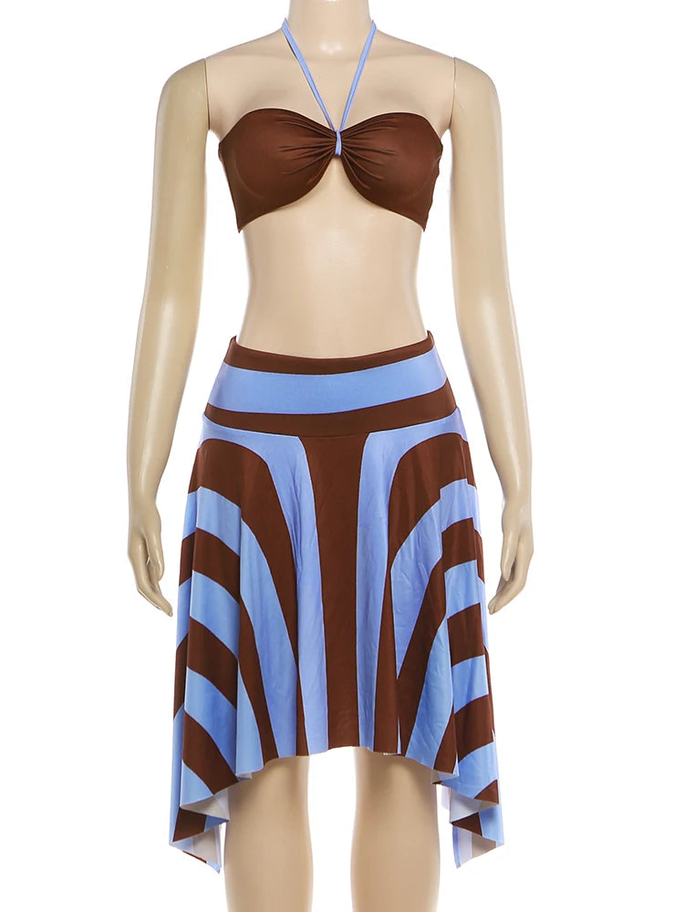 Weird Puss Sexy Fashion 2 Piece Set Woman Halter Long Rope+Skinny Tube Tops+Stripe Patchwork Mid Skirts Beach Party Style Suits