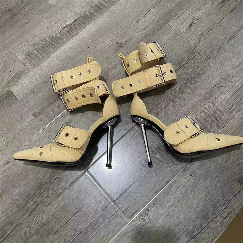 New Women Denim Metal Rivet Buckle Sandals Women Sexy Punk Style Pointed Hollow Metal 11cm High Heel Knee High Boots Size34-43