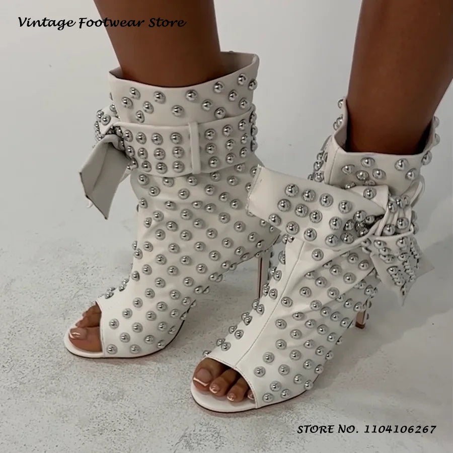 Studded Embellished Summer Boots Chic Round Open Toe Thin Heels Party Outfits Shoes Women's Fashion Casual Lace-up Ankle Boots