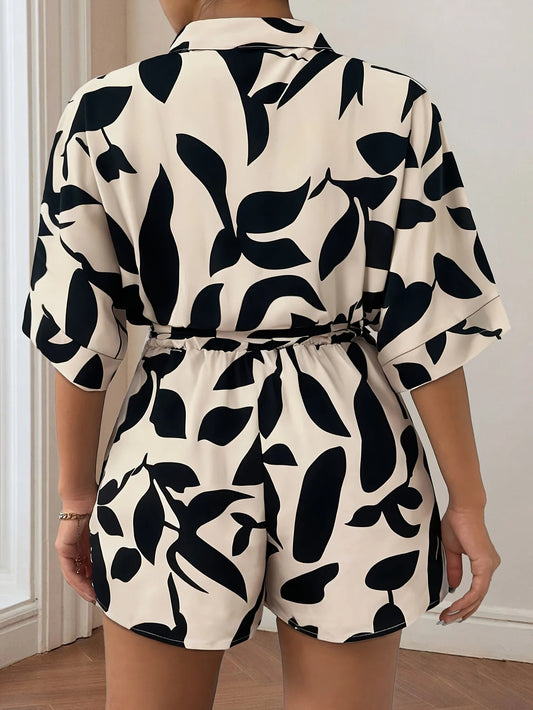 Plus-size Women's Casual Front Snap Shirt Collar Short Sleeve Printed Overalls with Bow Ties
