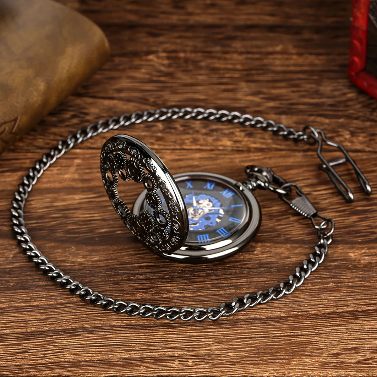 Manual Men's Mechanical Pocket Watch Hollow Design Roman Numerals Vintage Metal Pocket Watch Clock Chain Pendant Blue