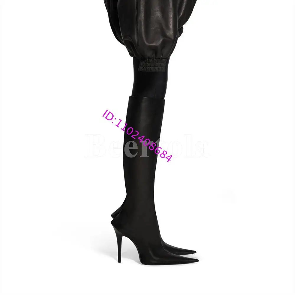 Black Leather Pointed Toe Ankle Boots Woman High Heels Stiletto Side Shaped Zipper Knee-High Boots Lady Sexy Boots