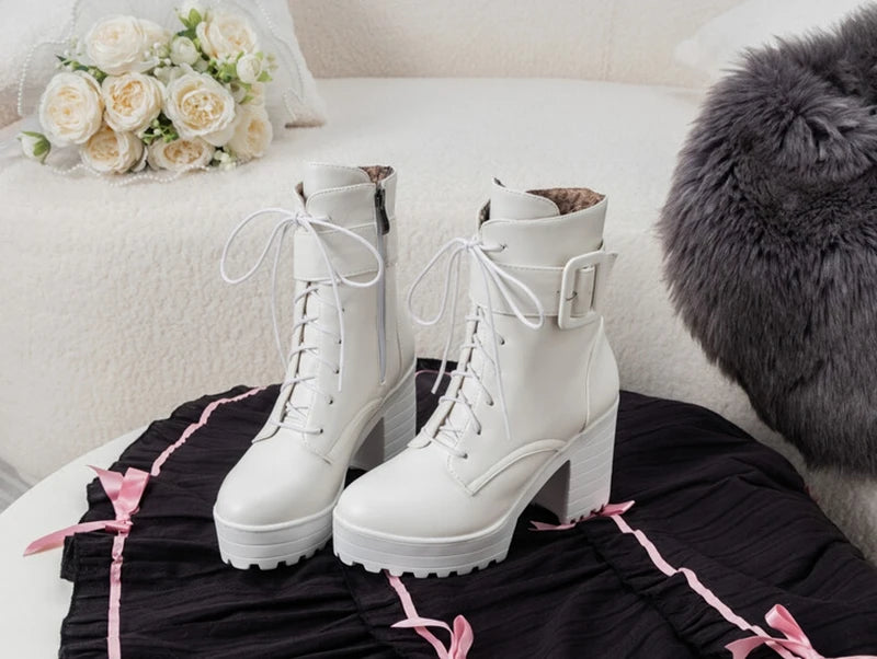 SIMLOVEYO Mortorcycle Ankle Boots Buckles Round Toe 9cm Block Heel Lace Up White Black Big Size 42 43 US12 Fashion