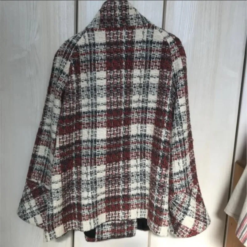 Woman Winter Coats Elegant Warm Plaid Stand Collar Pocket Coat Fashion Loose Coats Versatile Casual Female Jacket New Outerwear