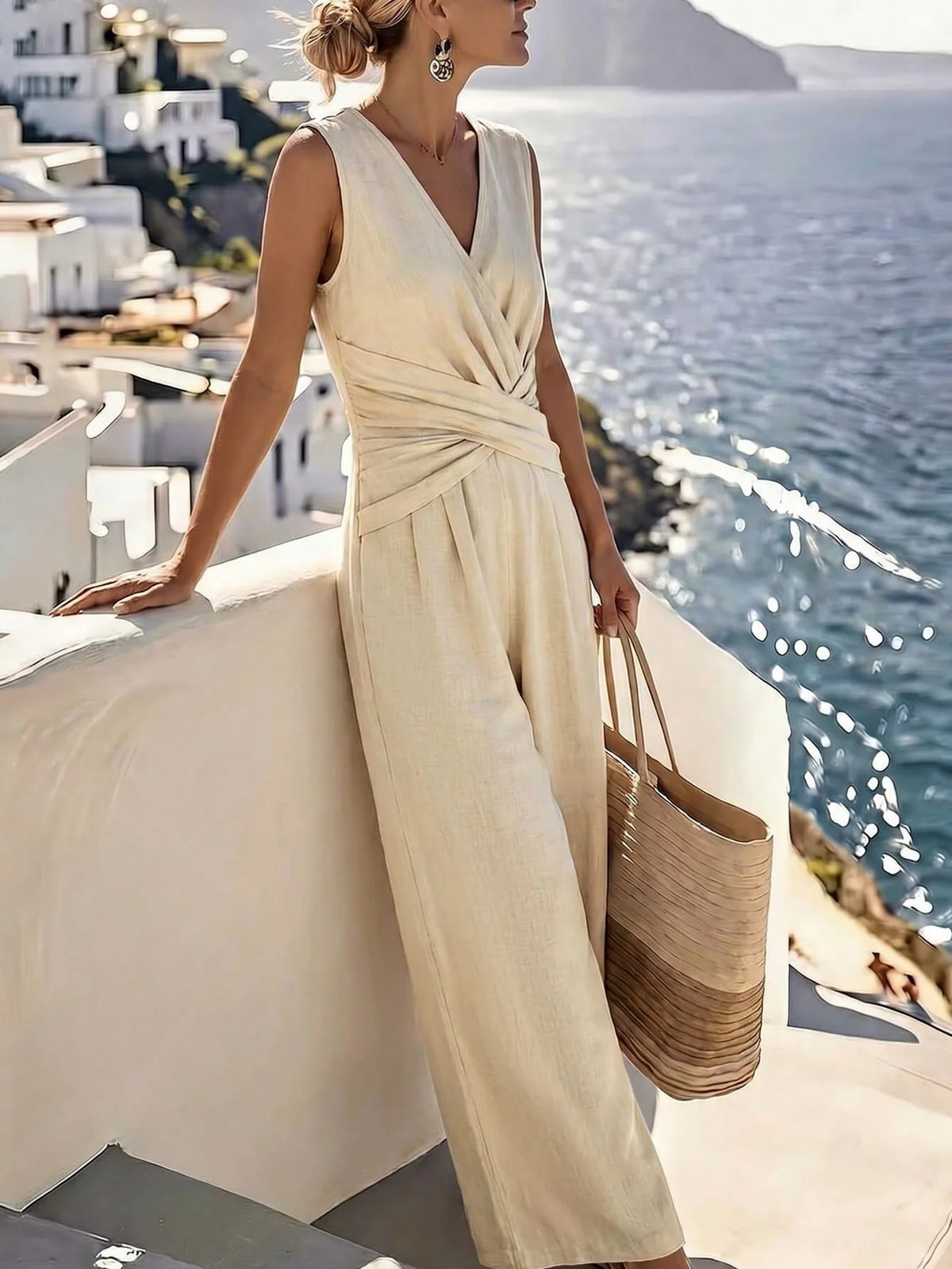 Fashion Light Blue Wide Leg Pants Jumpsuit Women's V-neck Sleeveless Cross Wrap Waist Design Rompers Summer Casual Jumpsuits