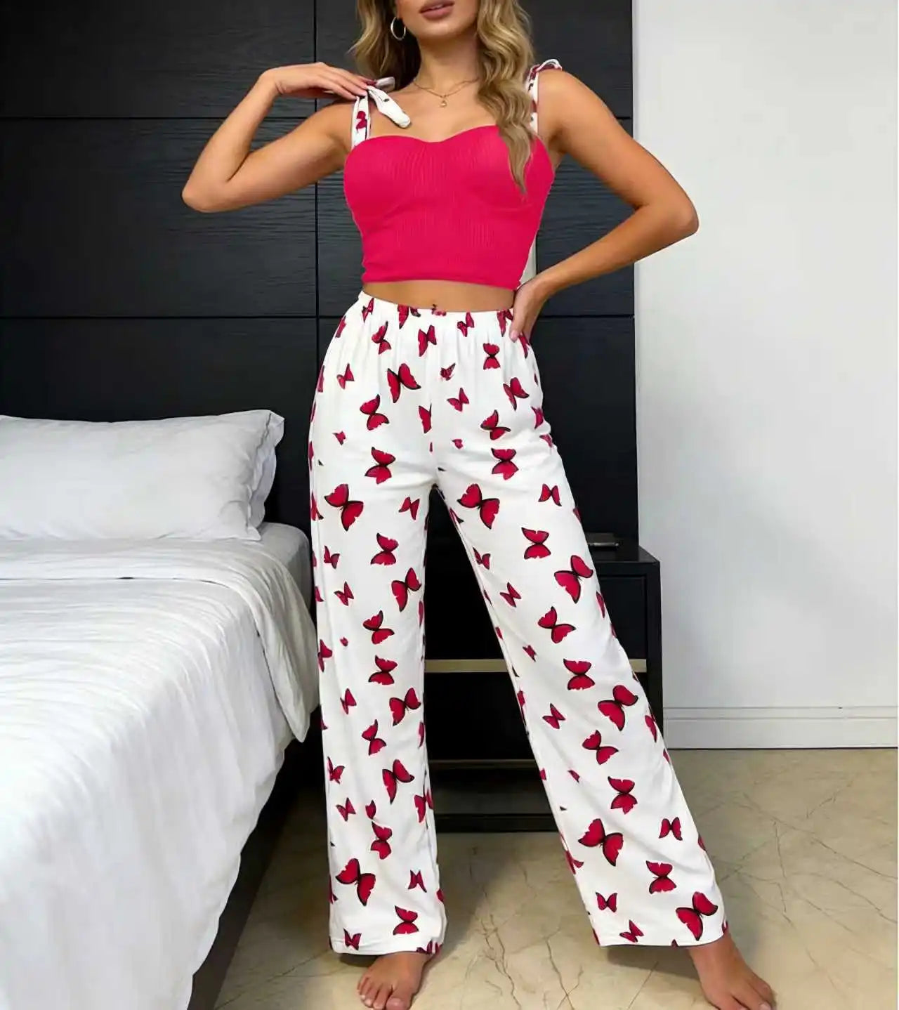 Women's Butterfly Print Tie Strap Cami Long Pants Pajama Set Summer Sexy Lounge Wear 2 Piece Set Female Soft Sleepwear