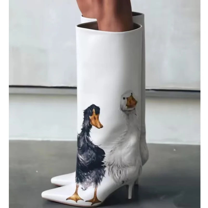 Women Cute Duck Print Light Blue Knee High Stiletto Boots Pointed Toe Printing Long Boots Fashion Party Shoes Botas Mujer