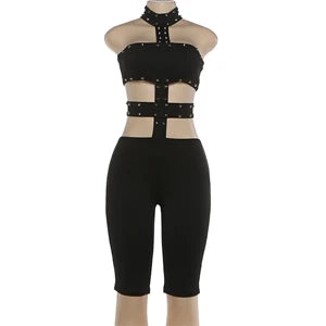 Sexy Halter Neck Cutout Bodycon Jumpsuit Women 2026 Summer Solid Studded Hollow Out Biker Short Romper Party Clubwear Outfits