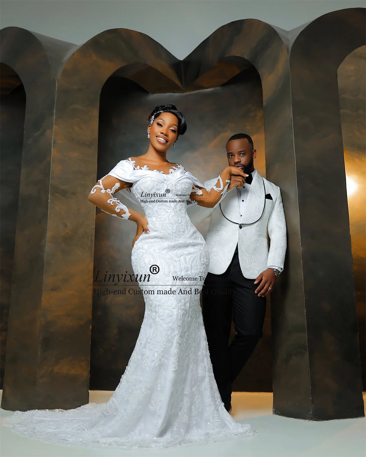 Shiny Diamond Mermaid Wedding Dresses With Appliques Lace Bridal Vestido De Novia Customized Off Shoulder African Bride Gowns