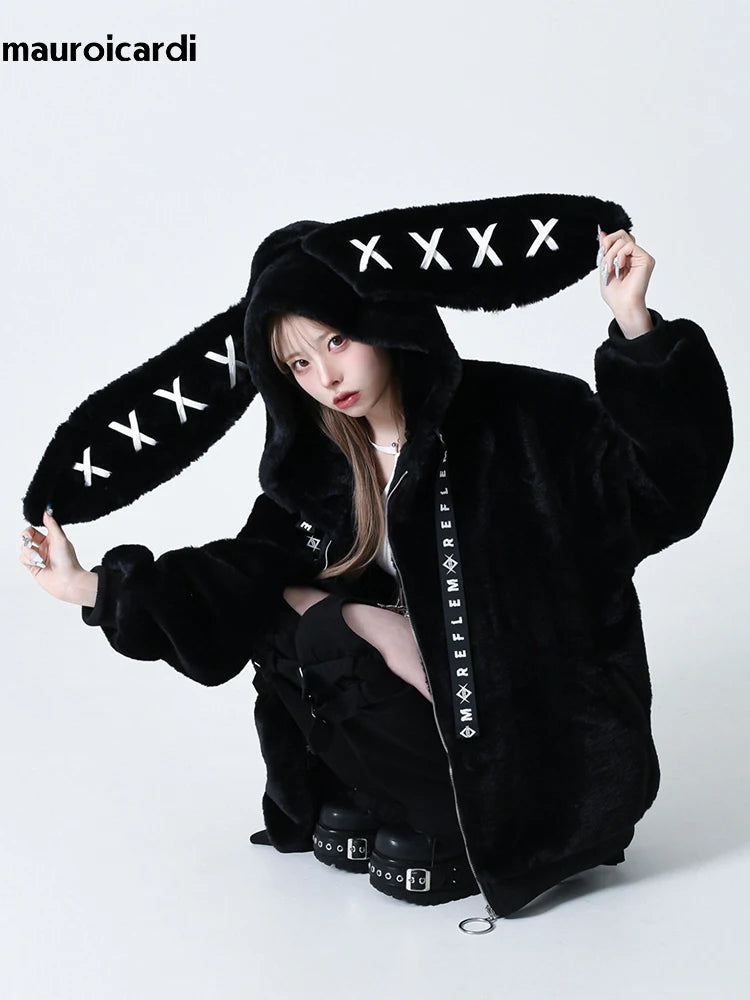 Mauroicardi Autumn Winter Sweet Cute Kawaii Soft Thick Warm Black Faux Fur Coat Women with Bunny Ears Cute Fluffy Jacket Hoodie