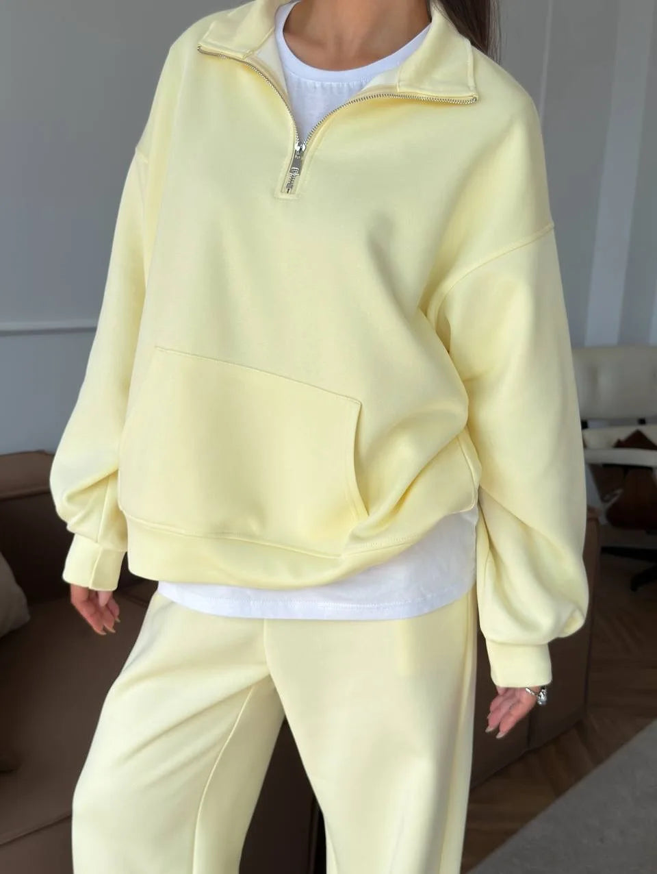Women 2 Piece Tracksuit Solid Pocket Half Zip Sweatshirt And Jogger Pants Set Autumn Winter Pullover Casual Sports Outfits