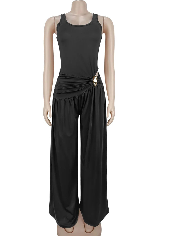 Beyprern Sexy Ruched Wide Leg Jumpsuit Women Elegant High Waist Sleeveless One Piece Outfits Summer Loose Floor Length Rompers