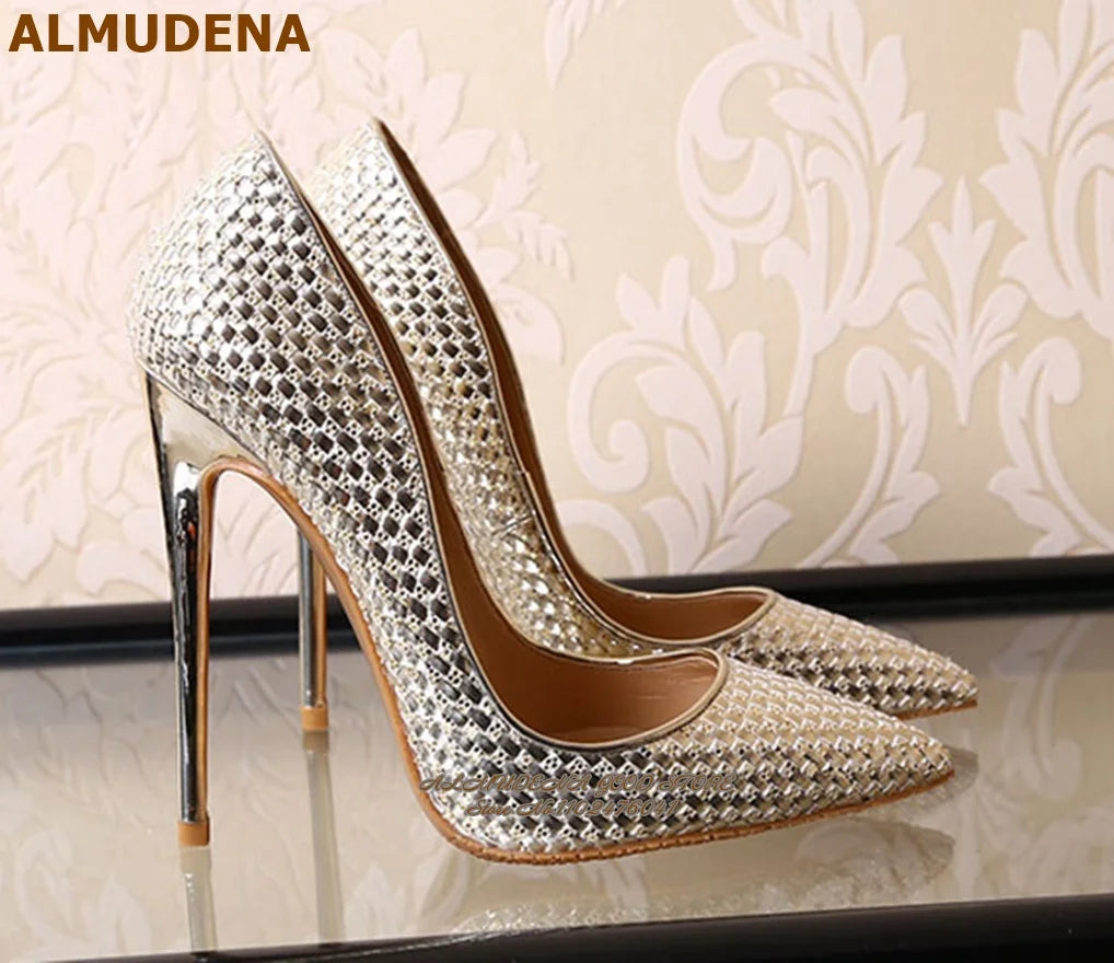 ALMUDENA White Patent Leather Eiffel Tower Red Lips Printed Wedding Shoes 12cm Sky High Heel Pointed Toe Slip-On Banquet Pumps