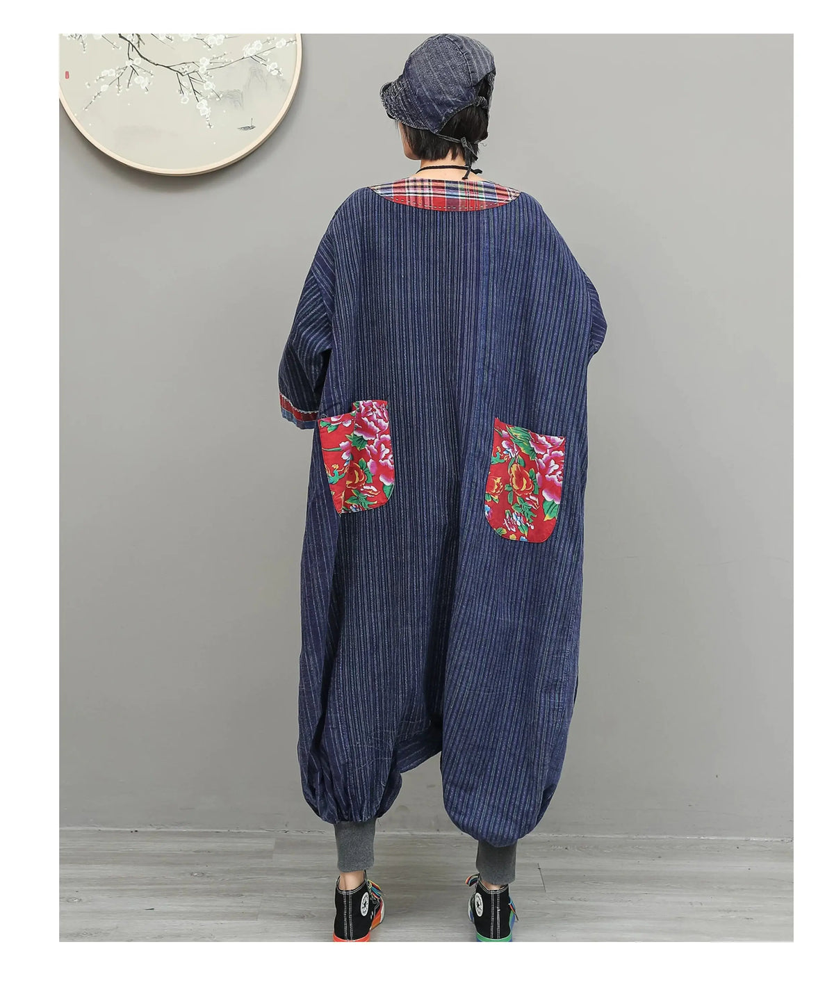 Unique Stylish Patchwork Jumpsuit Women Chinese-style Diagonal Button Long Sleeves Overalls Loose Fit LX6834
