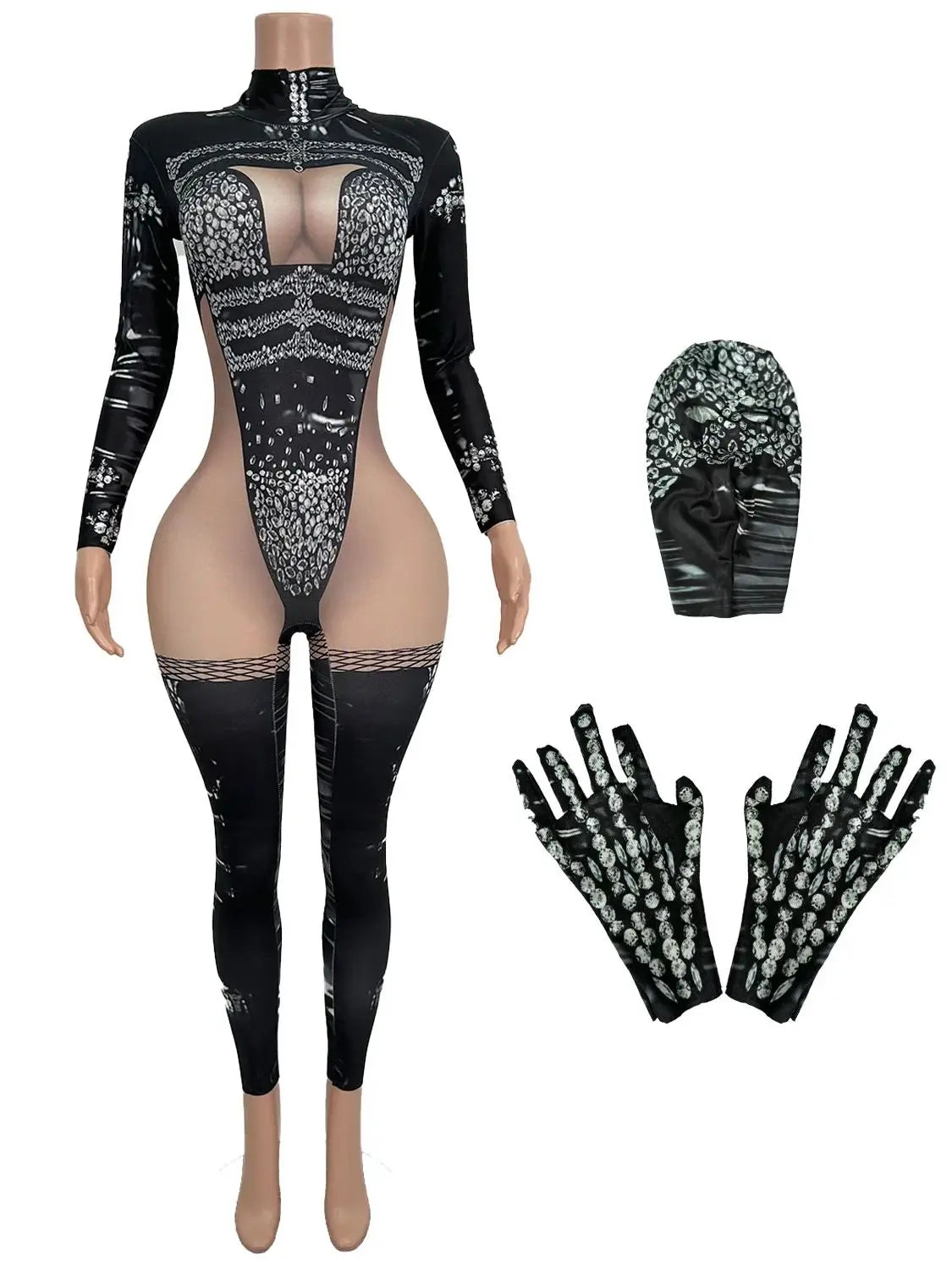 Sexy Skeleton Print Stage Performance Jumpsuits Drag Queen Stripper Festival Outfits Dance Leotard Women Bodysuit Bodycon Romper