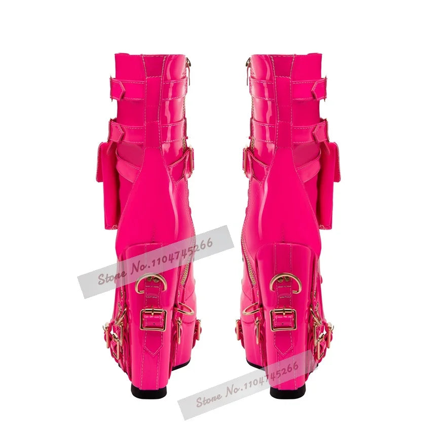 Fuchsia Patent Leather Wedged Lace-Up Ankle Boots Green Buckle Straps Metal Decor Booties Hgih Platform Pocket Nightclub Shoes