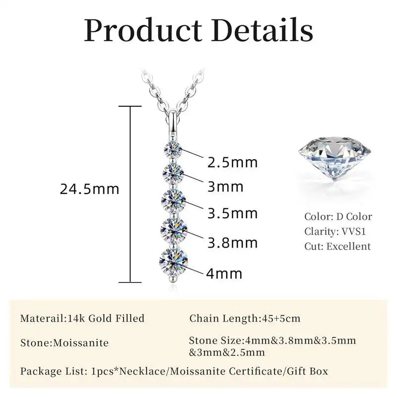 Lnngy Brilliant 5-Stone Moissanite Necklace 14K Gold Filled Long Drop Pendant Necklace for Women Female Jewelry Accessories