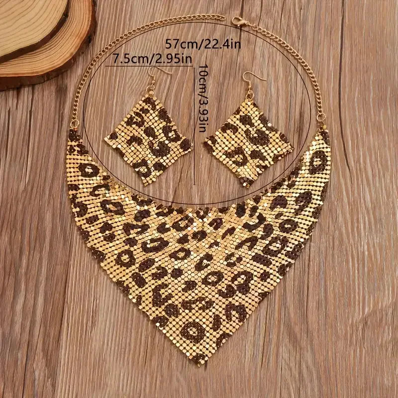 3PCS Women Leopard Necklace + Earring Set Fashion Sexy Bright Beads Triangle Scarf Collarbone Chain Earrings Jewelry Set