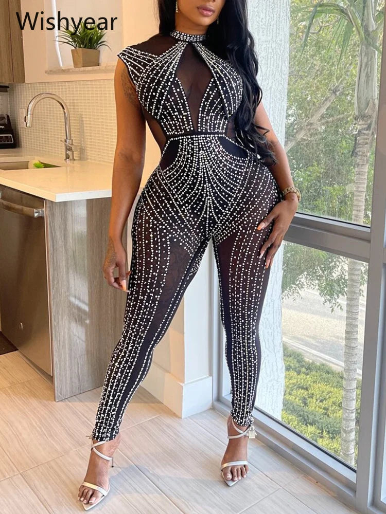 Women One Piece Party Jumpsuit High Neck Sheer Mesh Rhinestone Beading Cap Sleeve Bodycon Long Romper for Cocktail Club Night