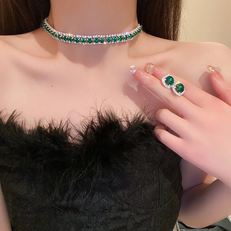 FYUAN Luxury Crystal Necklace Earrings Set Pink ABcolourful Necklace for Women Weddings Party Jewelry Sets Accessories