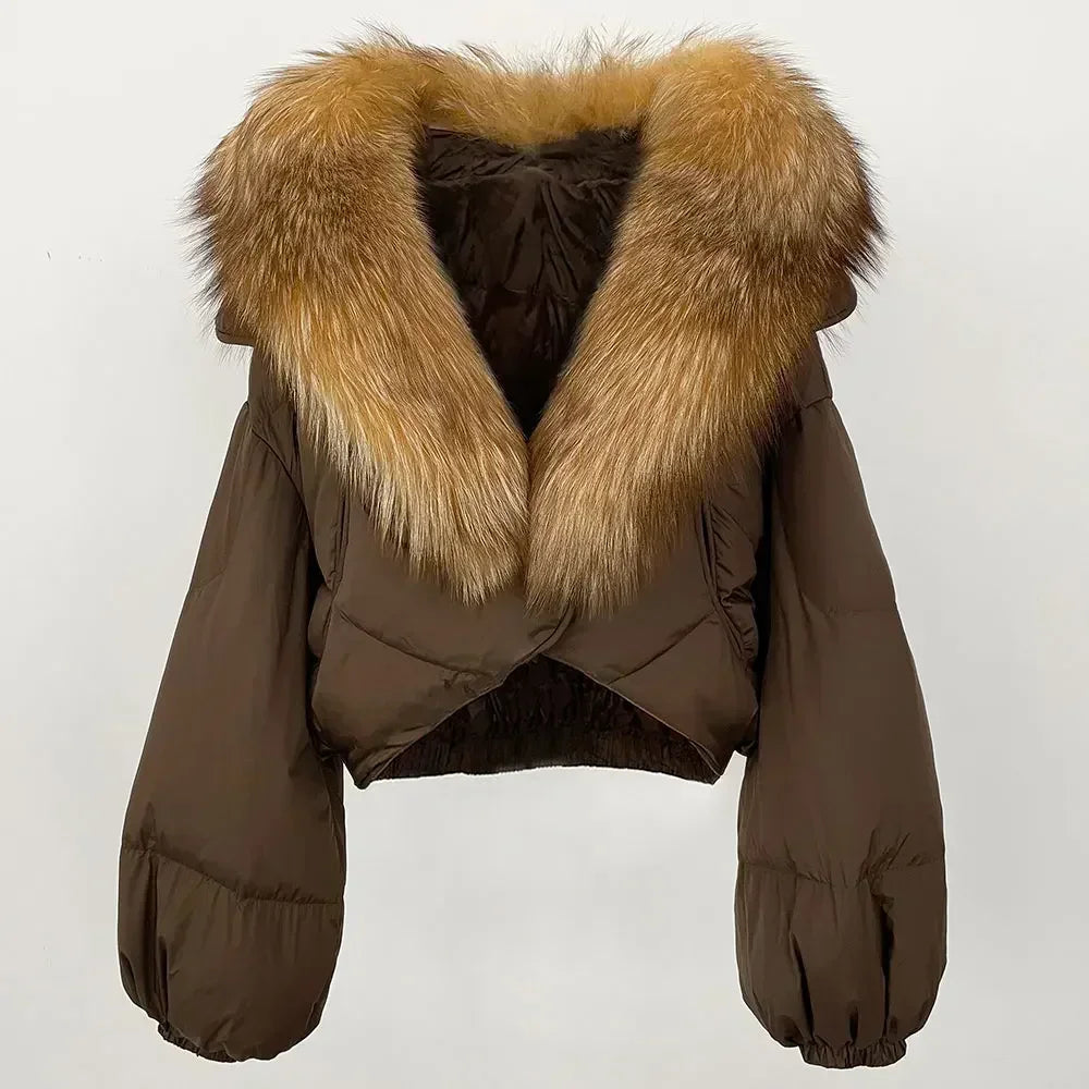 Winter Female White Duck Down Jacket Luxury Loose Short Fashion Casual Women Warm Real Fox Fur Coat Long Sleeve Puffer Jacket