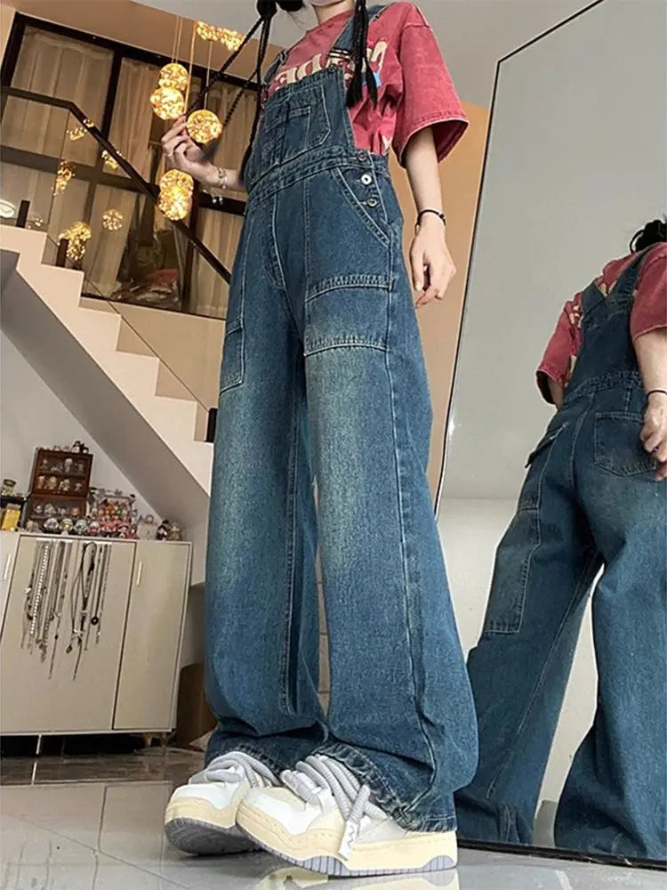 Design Jumpsuits Woman High Waisted Denim Overalls for Women in Spring and Autumn Loose Casual Wide Leg Pants