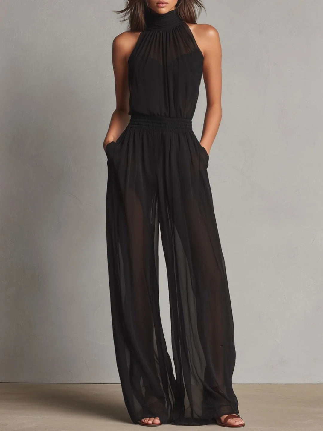 Womens Jumpsuits Summer Elegant Chiffon Sleeveless High Neck Backless Wide Leg Pants Jumpsuit Playsuit