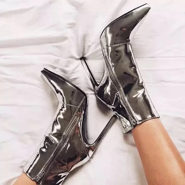 Design Ankle Boots Women Fashion Zipper Pointed High Heels Gold Silver Patent Leather Short Booties Shoes Catwalk Shoes
