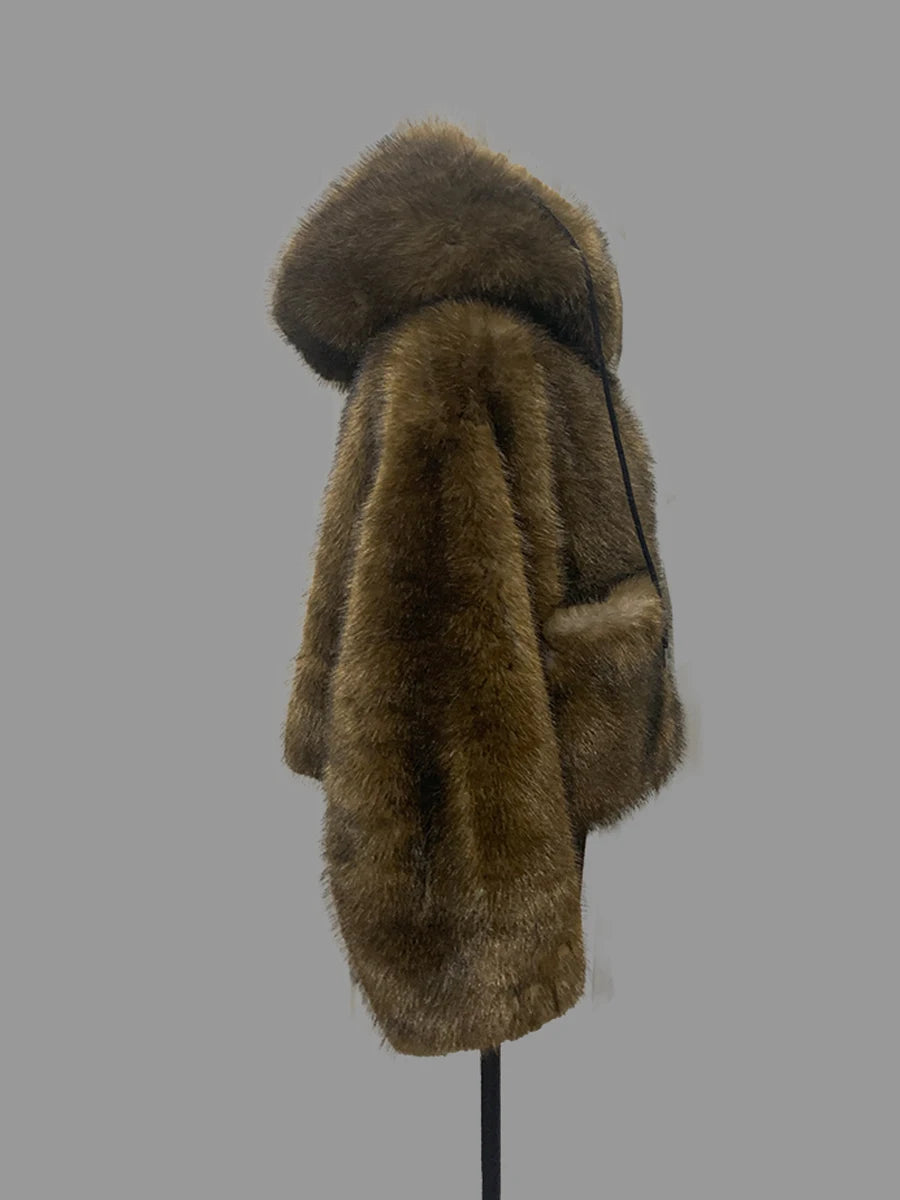 Nerazzurri Winter Short Oversized Thick Warm Shaggy Fuzzy Faux Fox Fur Coat Women Pockets Single Breasted Fluffy Hooded Jacket