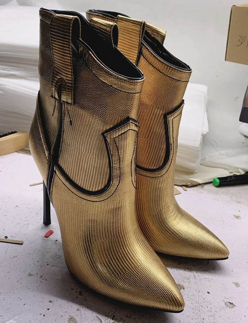 Silver Gold Patent Leather Blade High Heels Ankle Boots Pointed Toe 12 Cm Metal Heel Slip On Runway Booties Woman